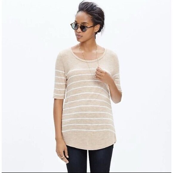 Madewell Anthem Curved-Hem Tee in Stripe Size Large Heathered Chai Brown - Picture 1 of 9